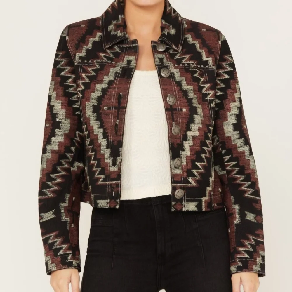 Double D Ranch Firemaker Black and Brown Geometric Leather Jacket - Picture 1 of 11